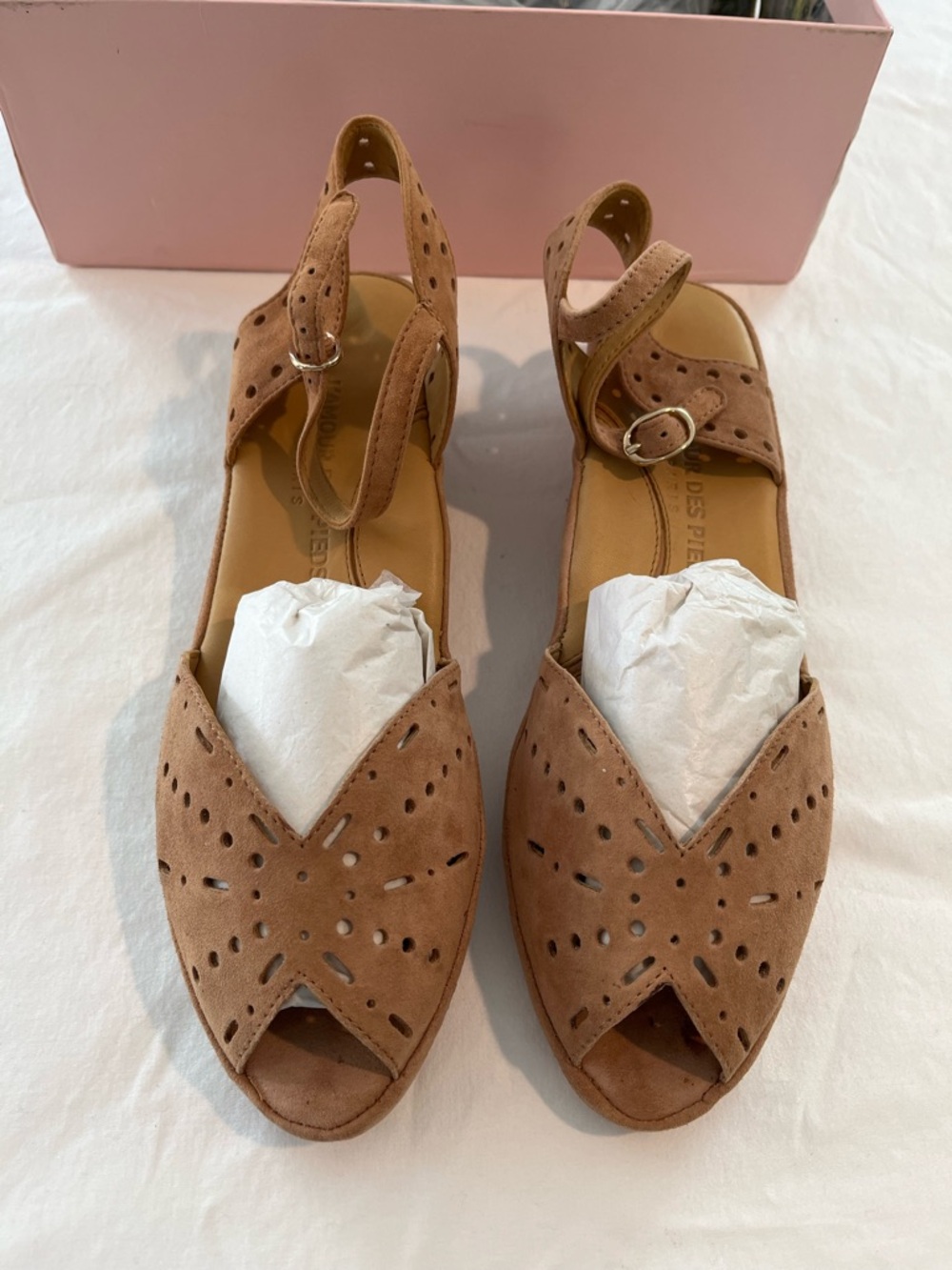Women's Suede Peep-Toe Wedge Sandals in Tan